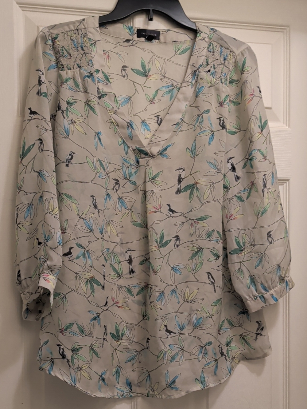 #1 The Limited Cream V-Neck Blouse with Multicolor Bird & Leaf Print